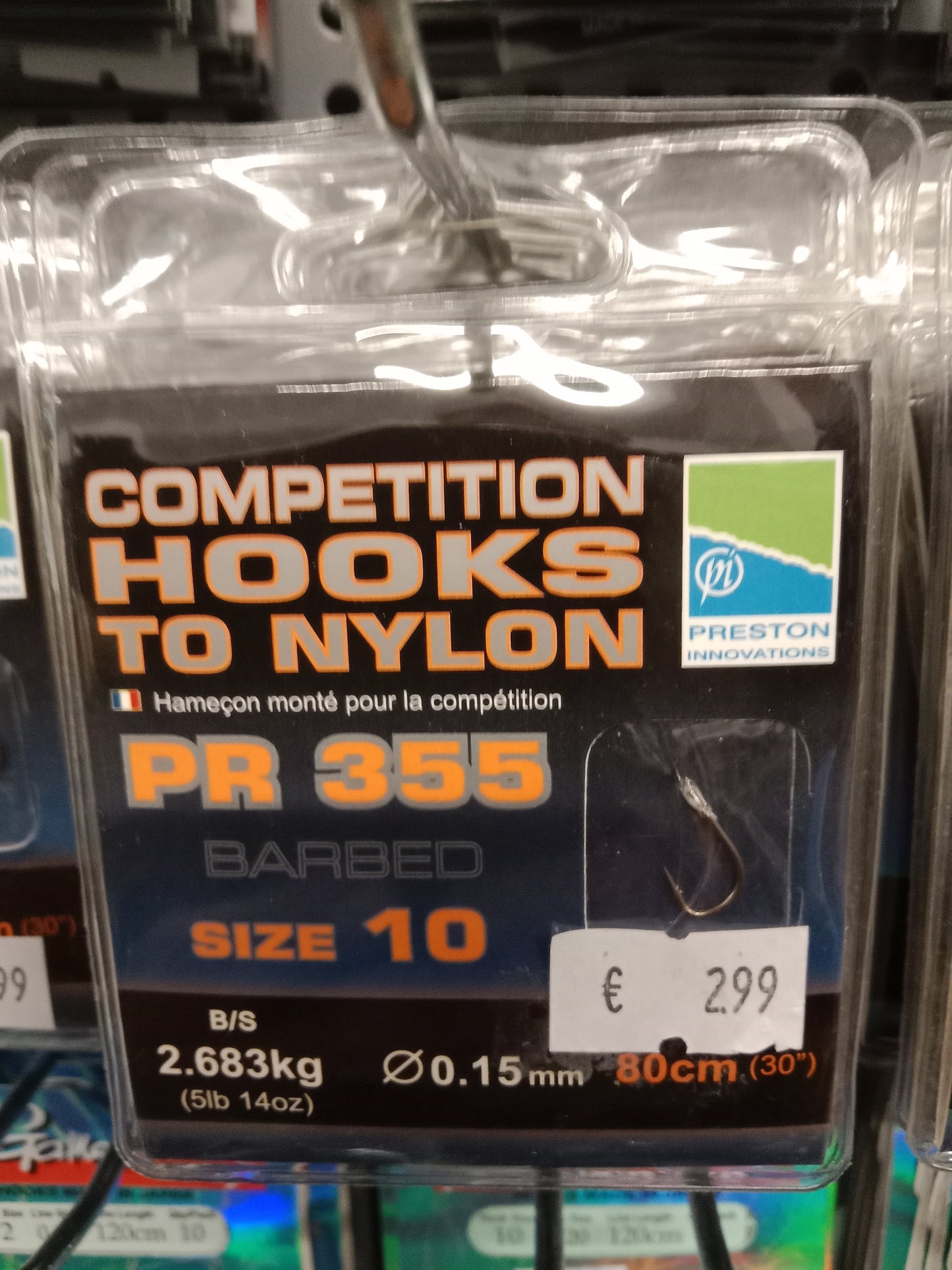 Preston Hooks to Nylon PR 355 Fertig Vorfächer 80cm-0,15mm gr 10 10stk Barbed