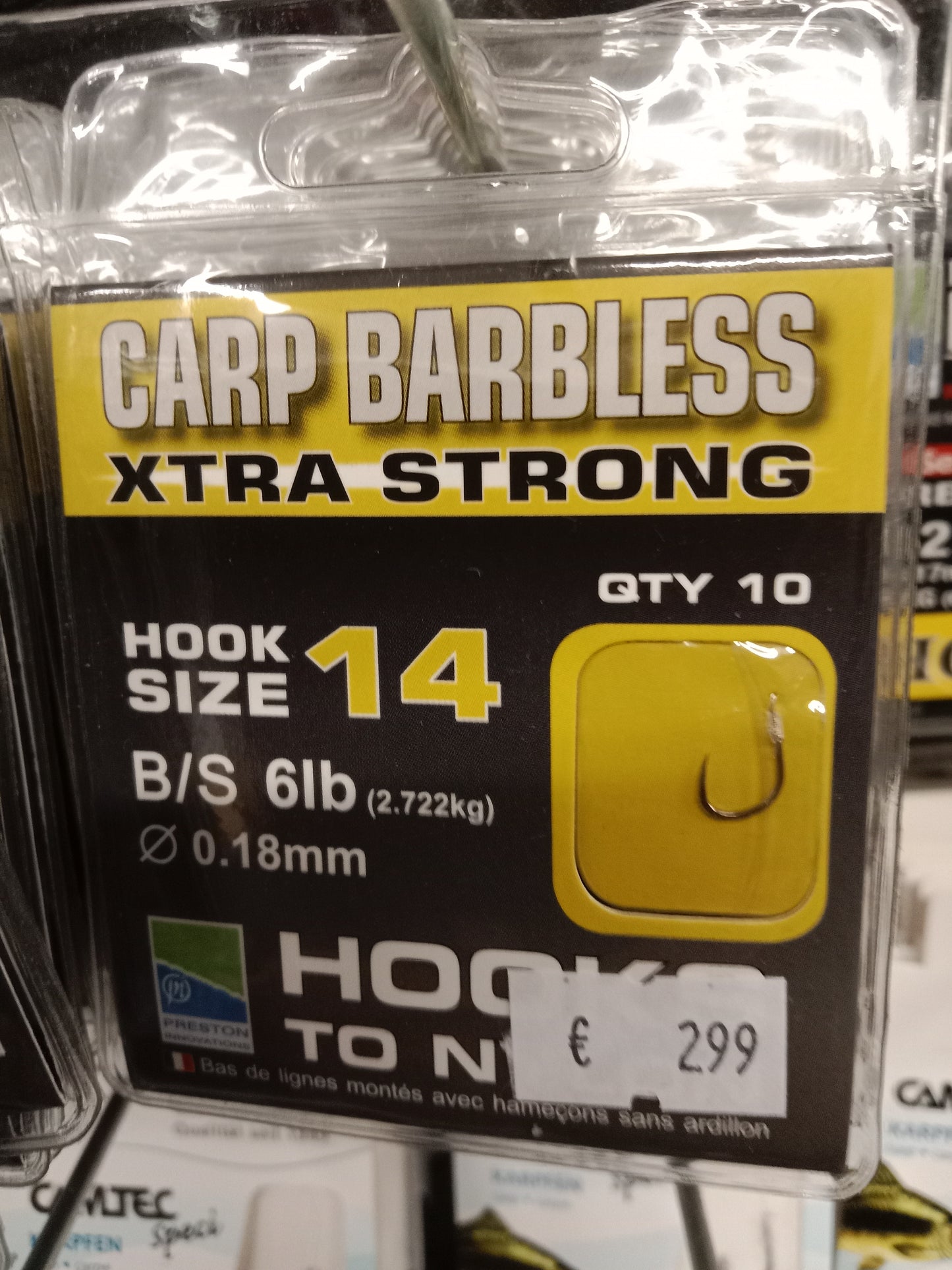 Preston Carp Xtra Strong cm-0,18mm gr 14 10stk Barbless
