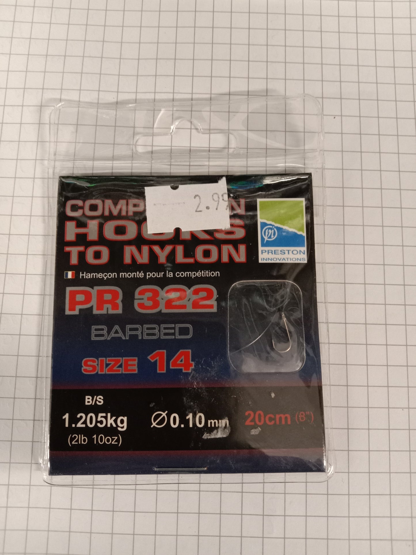 Preston Hooks to Nylon PR 322 Fertig Vorfächer 20cm-0,10mm gr 14 stk Barbed