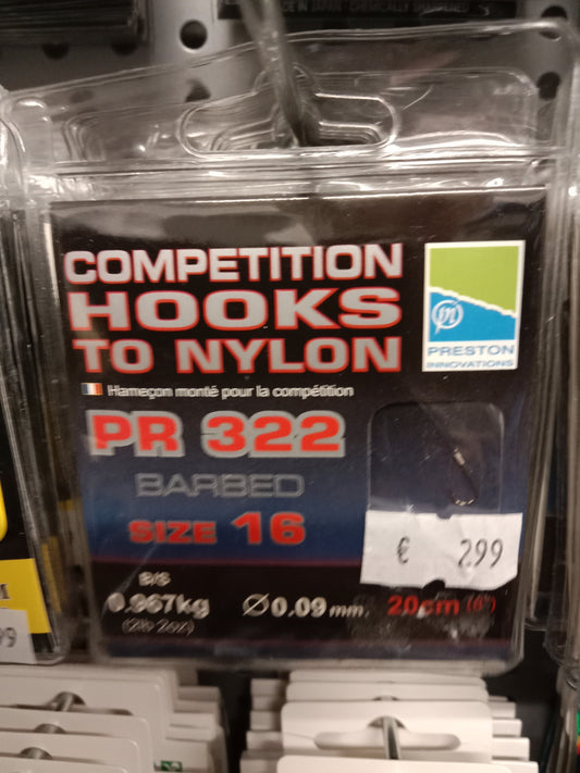 Preston Hooks to Nylon PR 322 Fertig Vorfächer 20cm-0,09mm gr 16   stk Barbed